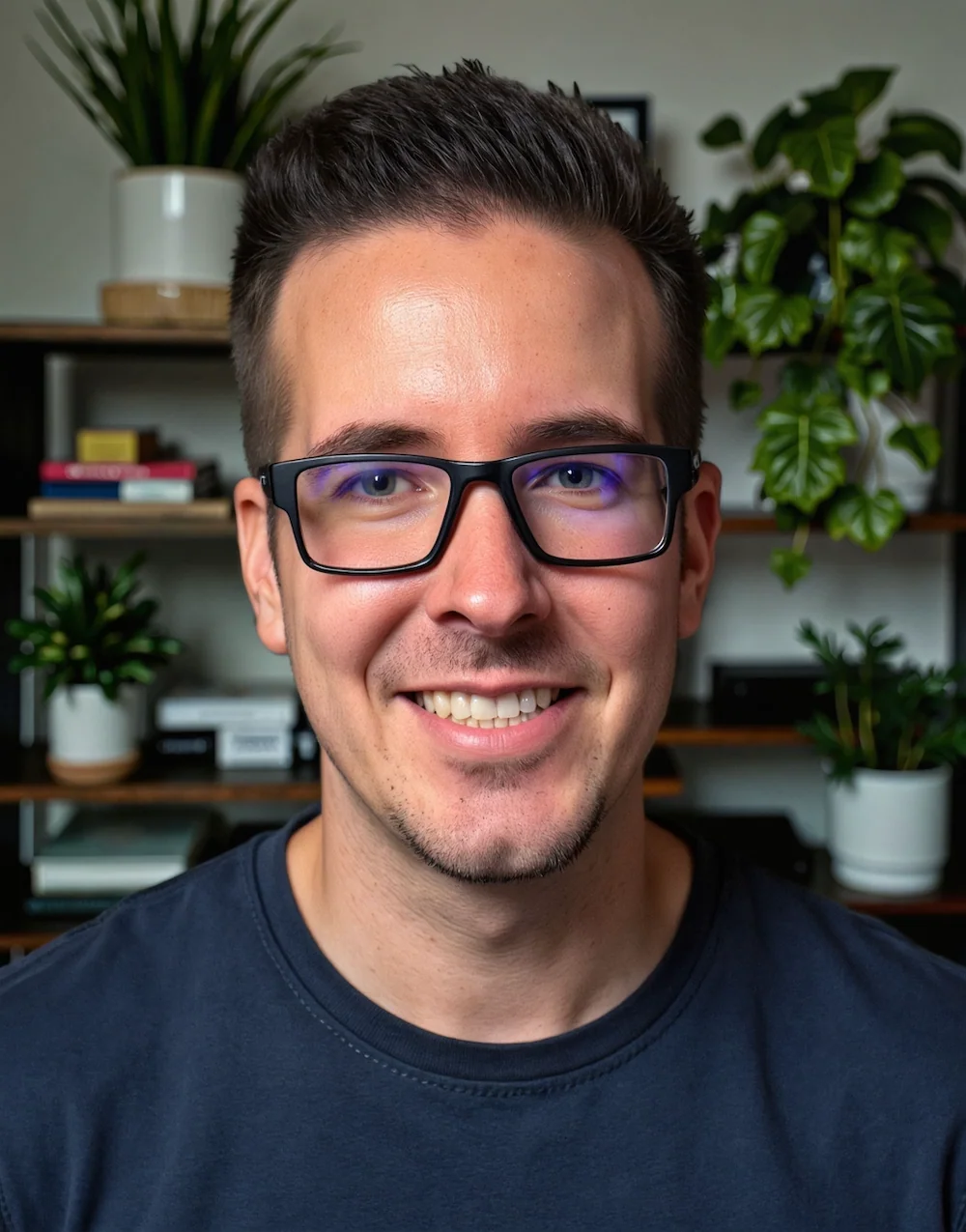 Daniel Allen in a navy t-shirt in front of shelves of plants and books