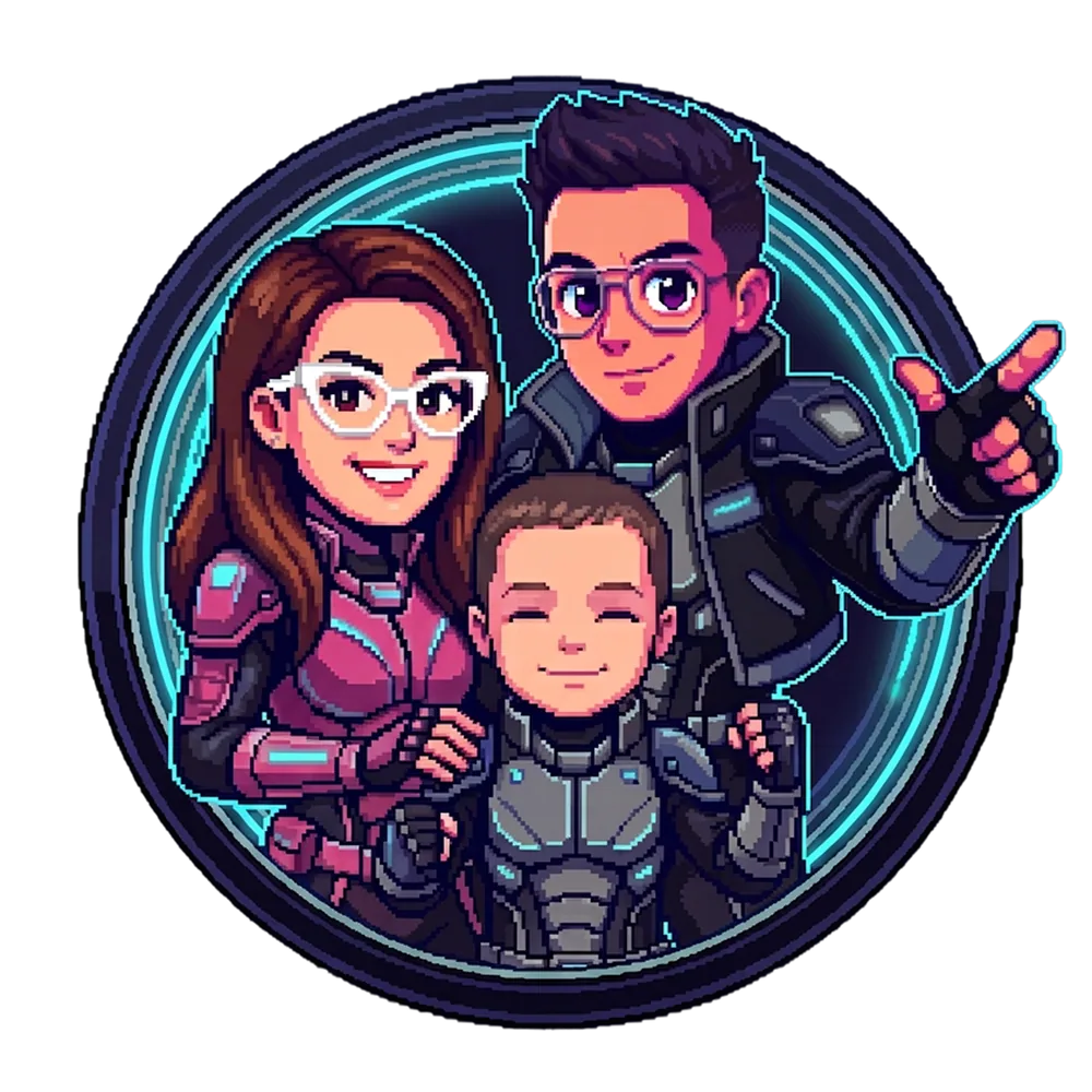 Pixel-art Daniel, his wife and their son in cyberpunk armor inside a neon cyan ring, Daniel pointing forward