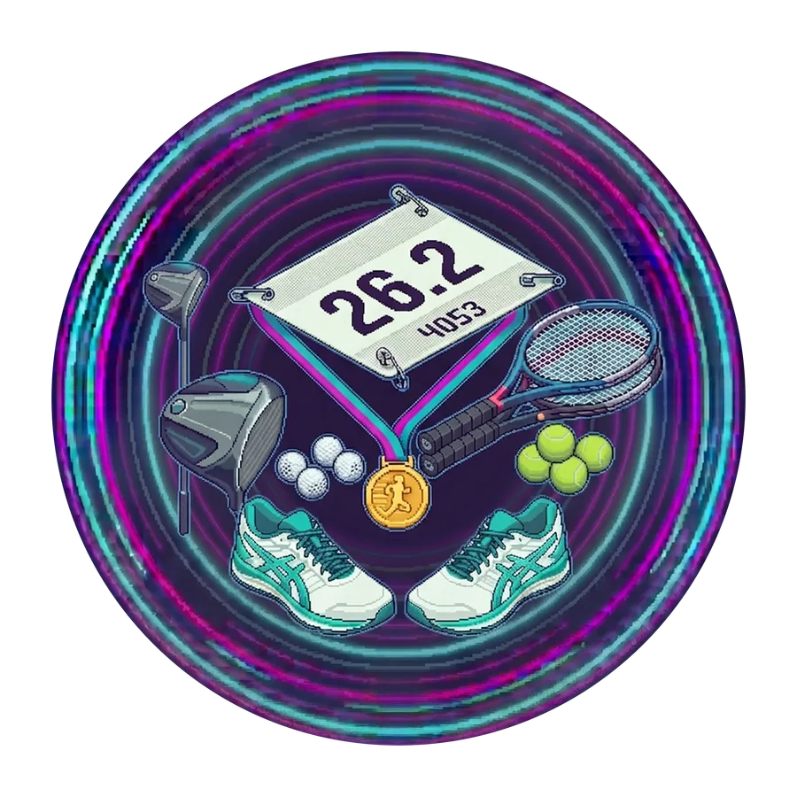 Pixel-art running shoes, a marathon bib reading 26.2, a finisher's medal, golf clubs and tennis rackets
