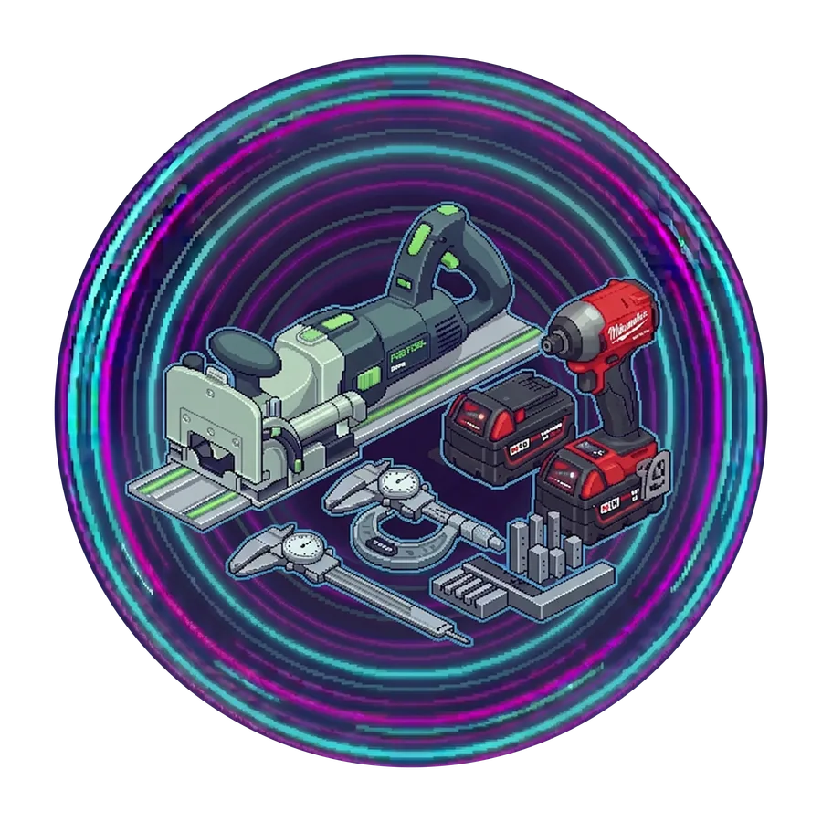 Pixel-art track saw, impact driver with batteries, calipers, a micrometer and gauge blocks