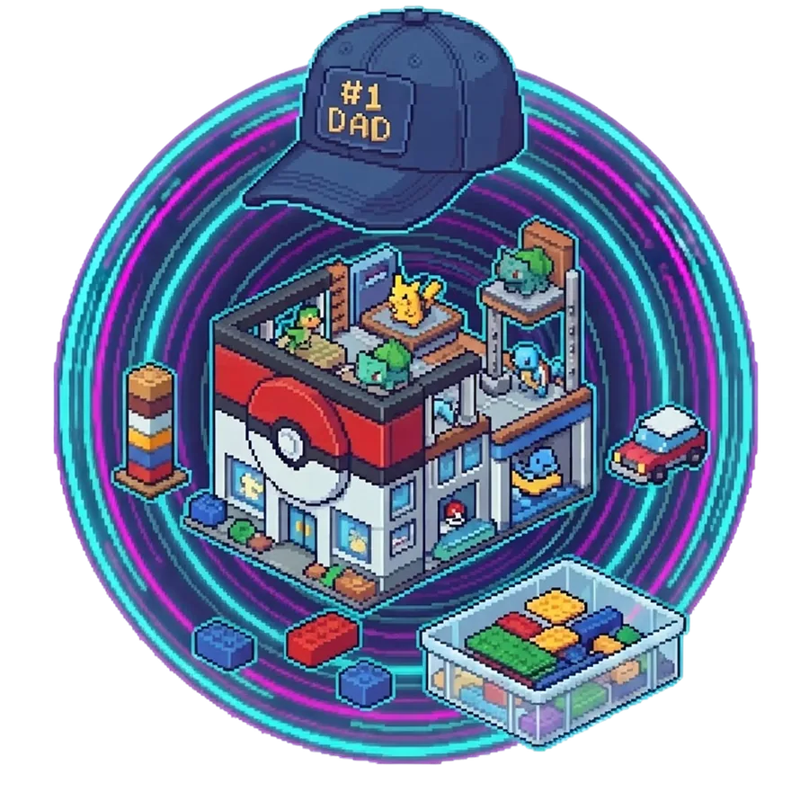 Pixel-art cap reading number one dad above a Lego Pokémon Center with Pikachu on the roof, a toy car and a bin of bricks