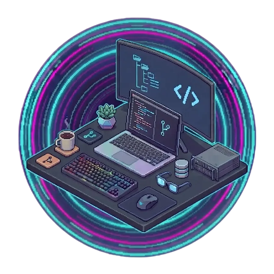 Pixel-art desk with a laptop and monitor showing code, a mechanical keyboard, coffee, a database and a small server
