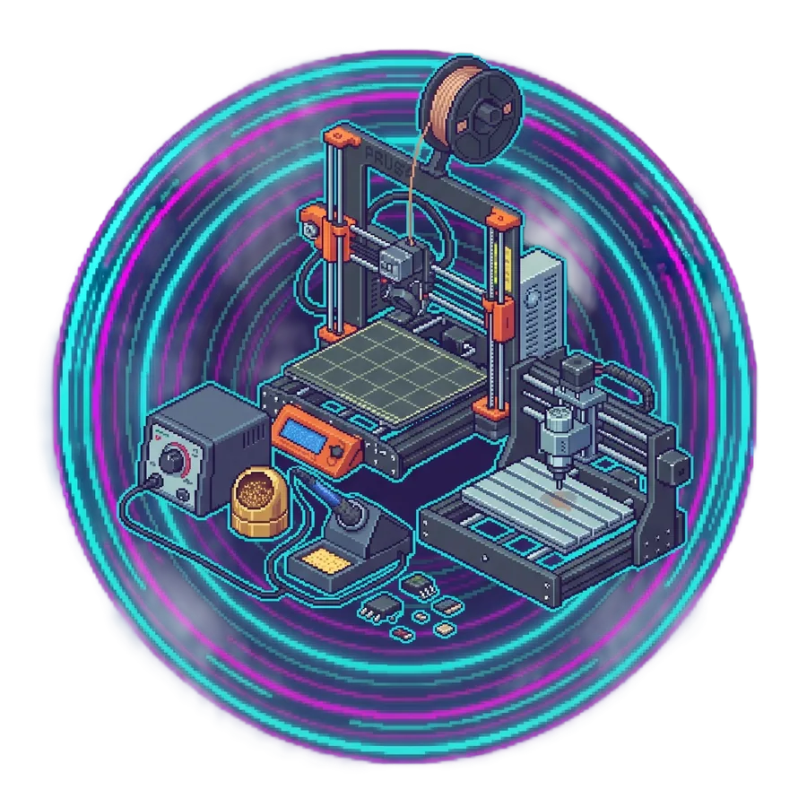 Pixel-art 3D printer with a spool of filament, a soldering station, a desktop CNC and loose electronic components