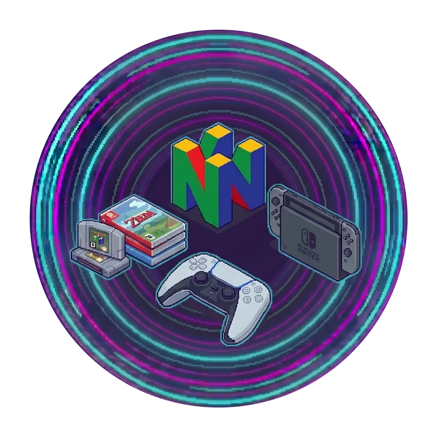 Pixel-art Nintendo 64 logo, a Zelda cartridge and game cases, a Switch and a modern controller