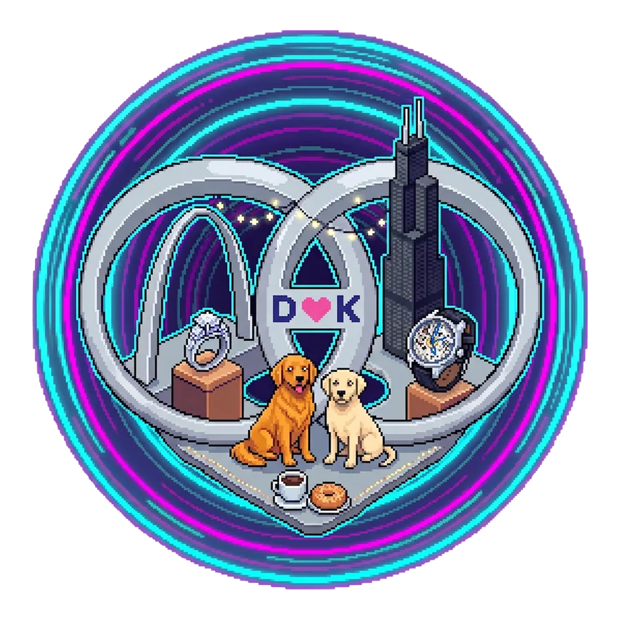 Pixel-art interlocking rings with D heart K, a diamond ring, two dogs, the Willis Tower, a watch, coffee and a bagel