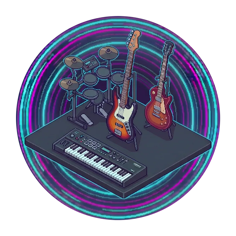 Pixel-art home studio with an electronic drum kit, a bass guitar, an electric guitar and a MIDI keyboard