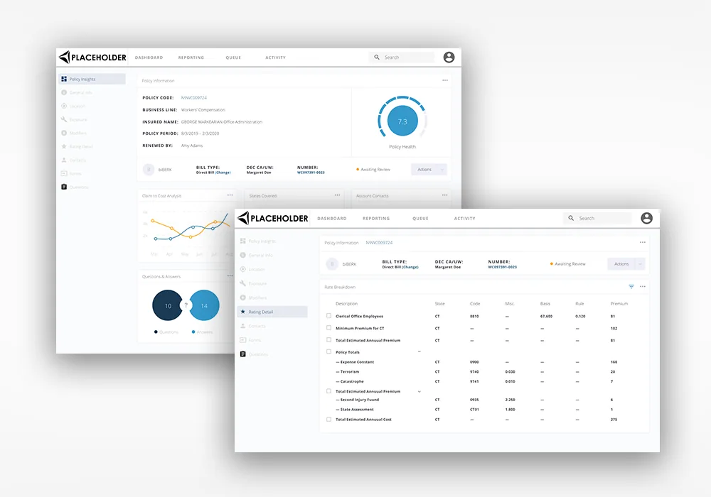 biBERK underwriting dashboard mockups on two screens