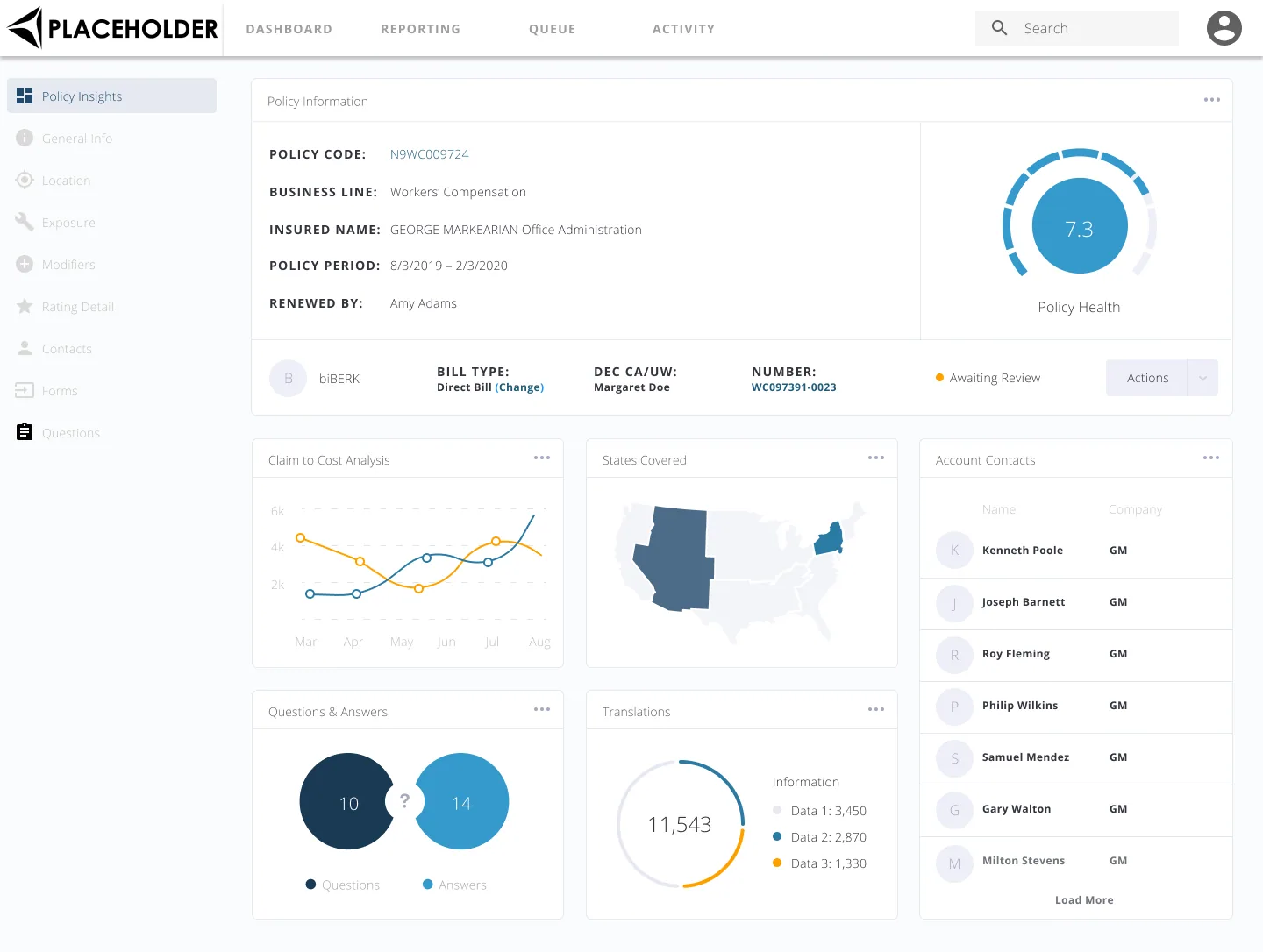 Prototype: policy view with policy health, claims, and contacts