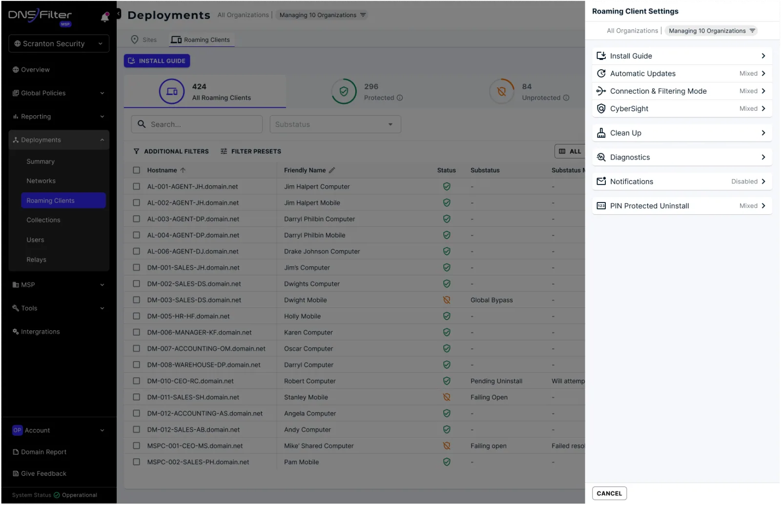 Roaming client settings menu: install guide, updates, connection and filtering mode, diagnostics