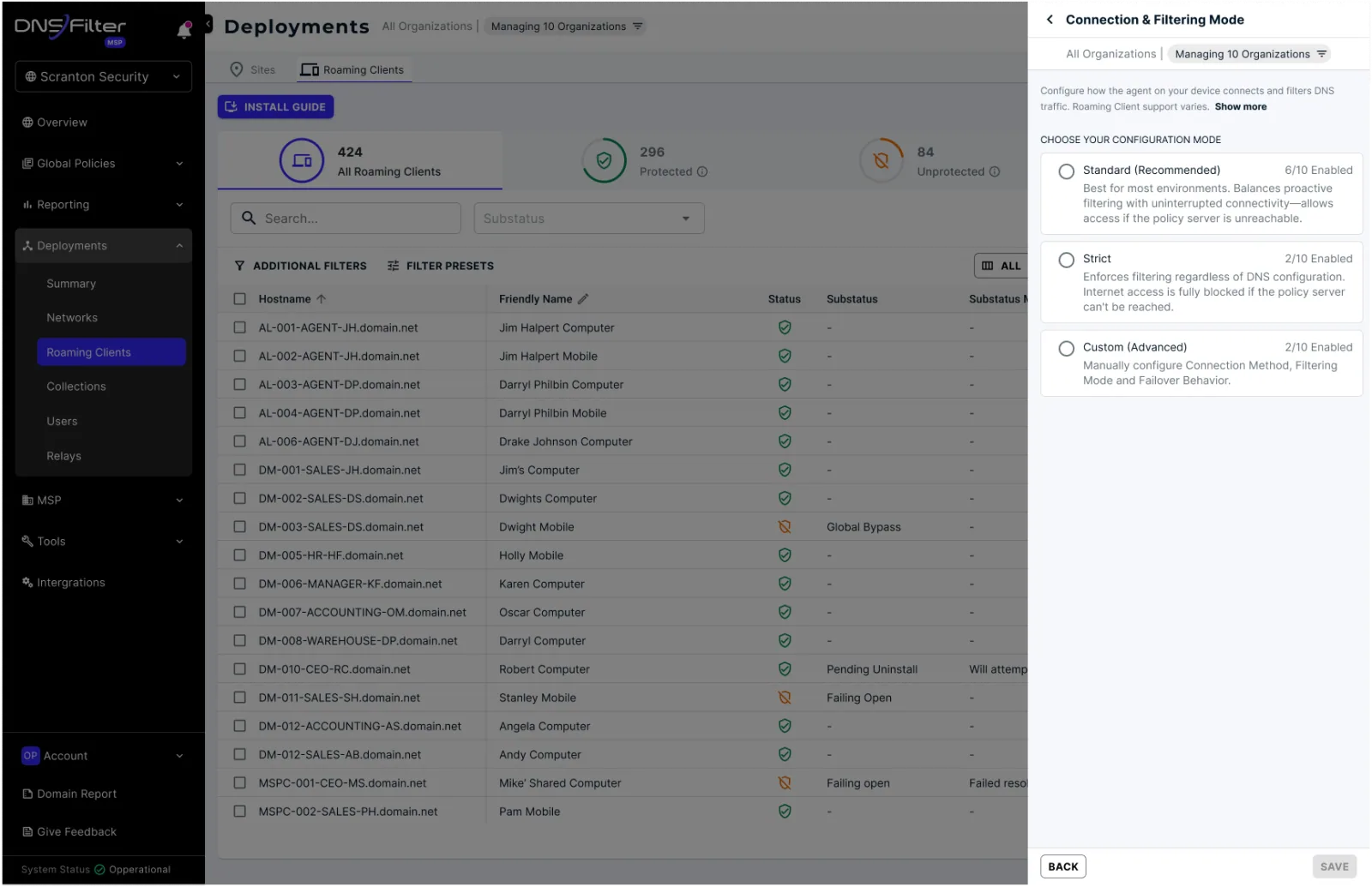 Connection and filtering mode panel with standard, basic, and custom options