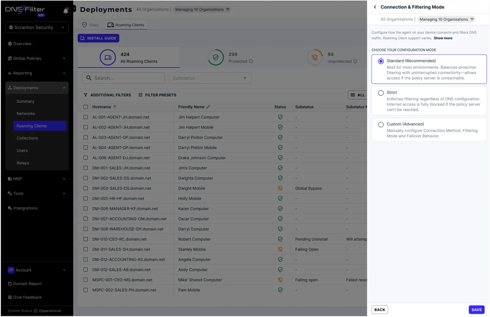 Filtering mode panel open beside the roaming clients list