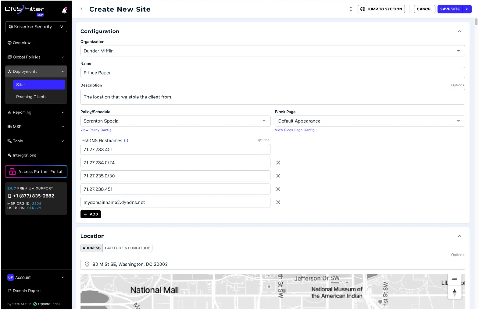 Create new site form: organization, name, policy, block page, and IP or DNS hostnames