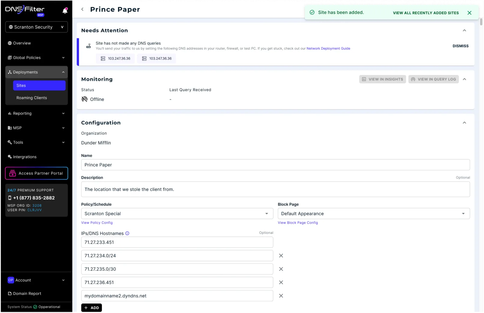 Site detail page for a newly added site with monitoring and configuration