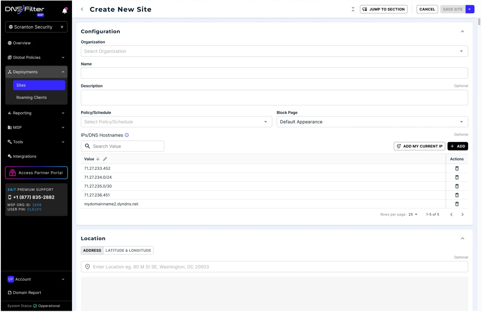 Create new site form with the hostname list and location fields