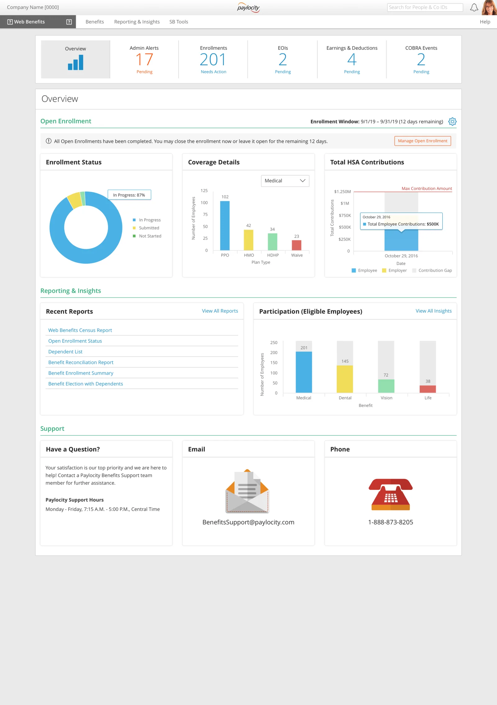 Benefits enrollment dashboard with enrollment status and coverage details