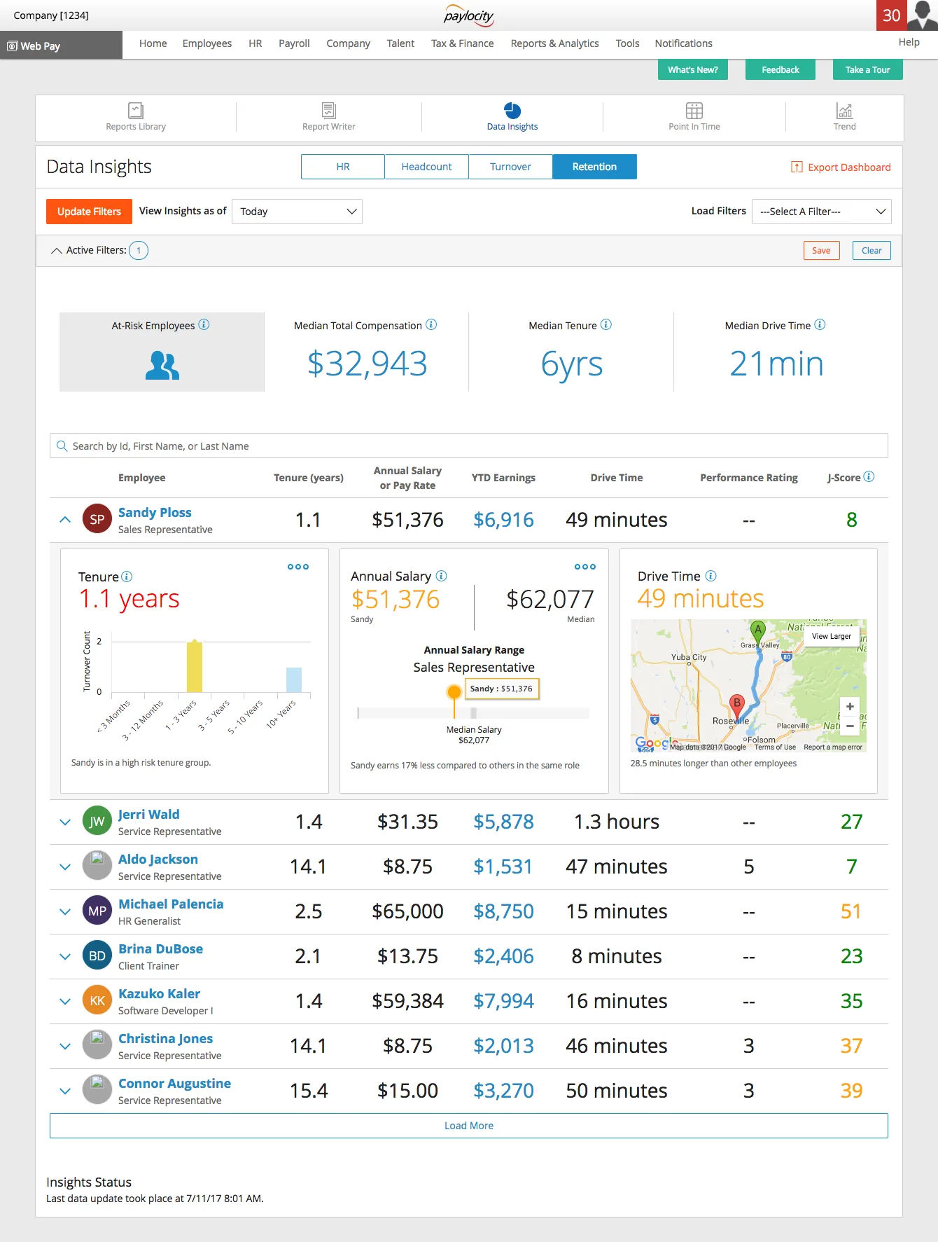 Employee insights: pay, tenure, and time metrics with a map