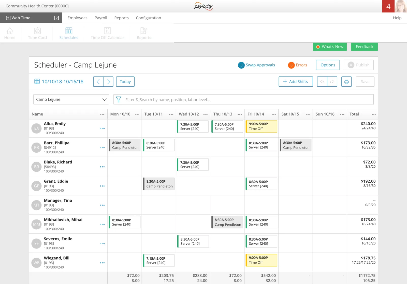 Scheduler week view with shifts, time off, and totals per employee