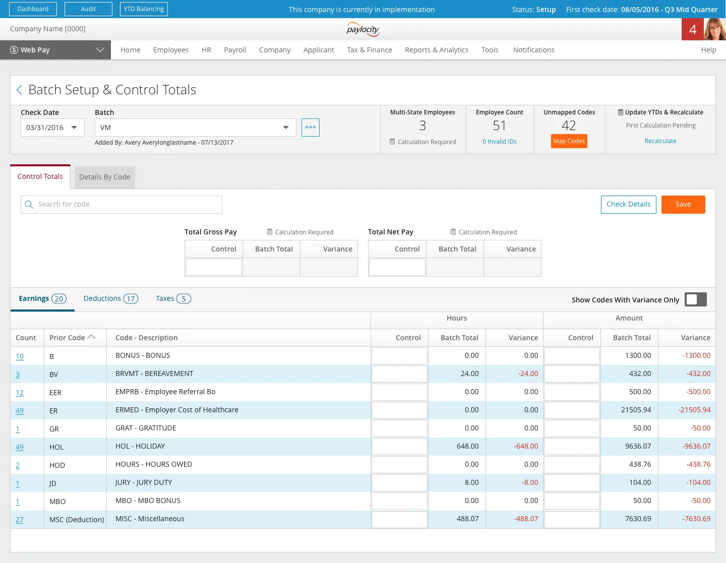 Batch setup and control totals for a payroll run