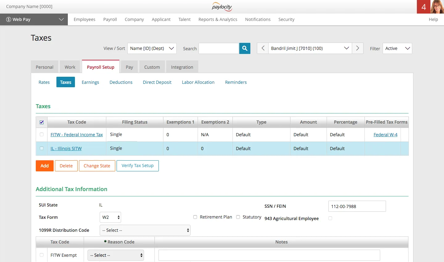 Employee taxes page with federal and state tax setup
