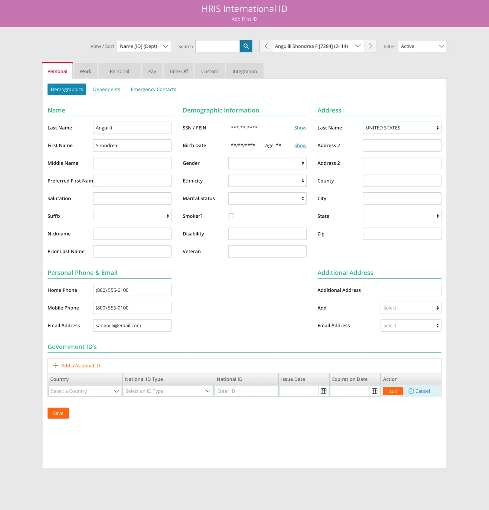 Employee record: demographics, contacts, and government IDs