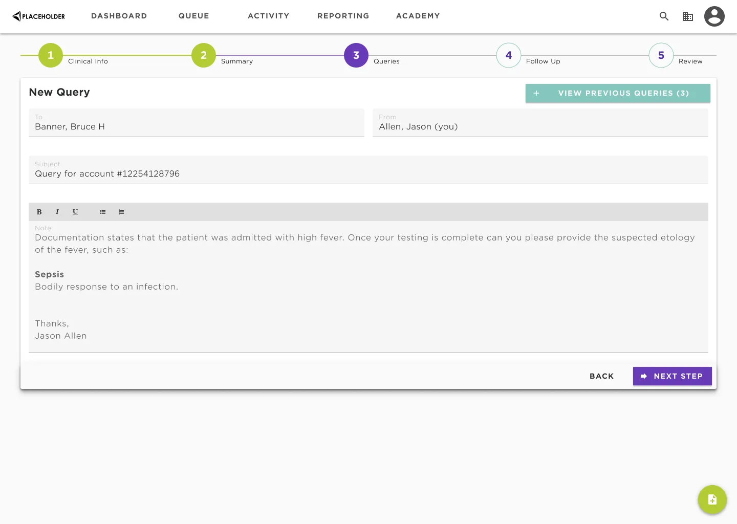 Work item step three: compose a query to the physician