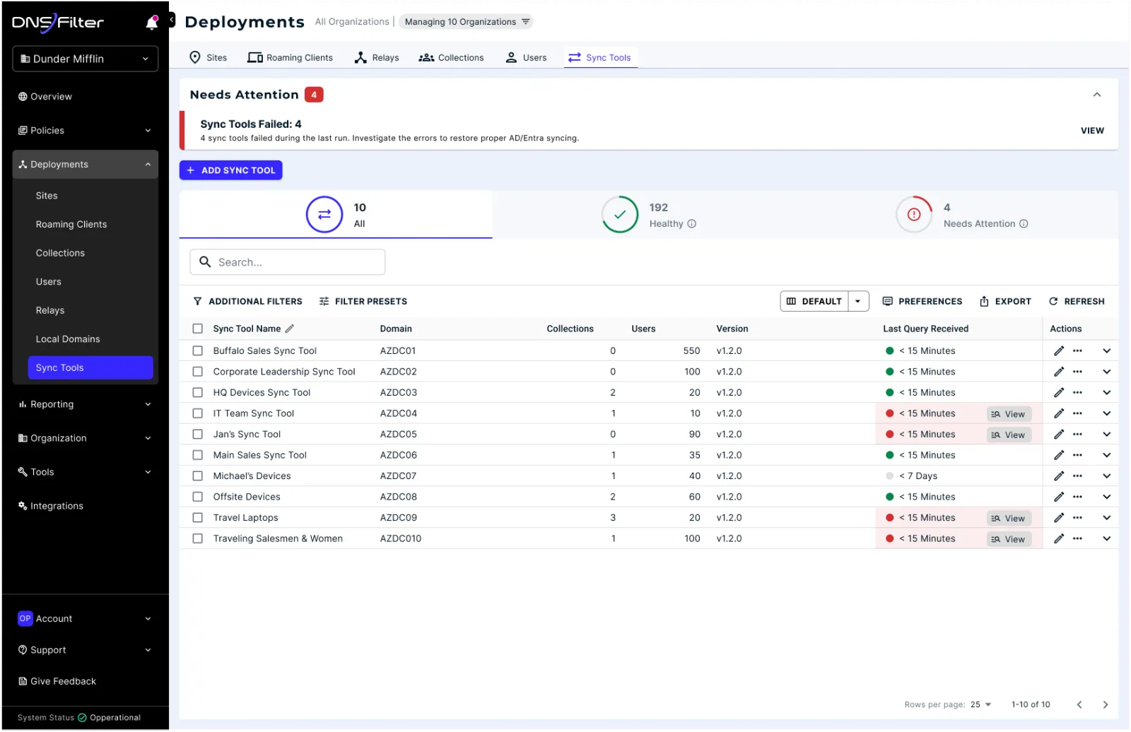 Sync tools list with a needs-attention notice for a failed sync