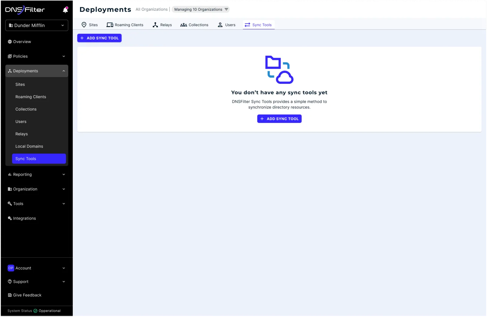 Empty state: no sync tools yet, with an add sync tool action