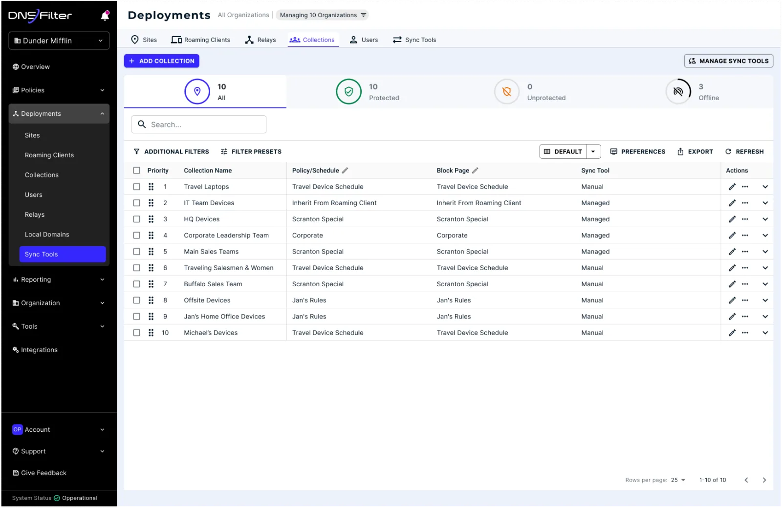 Collections list with policies, schedules, block pages, and sync tool per row