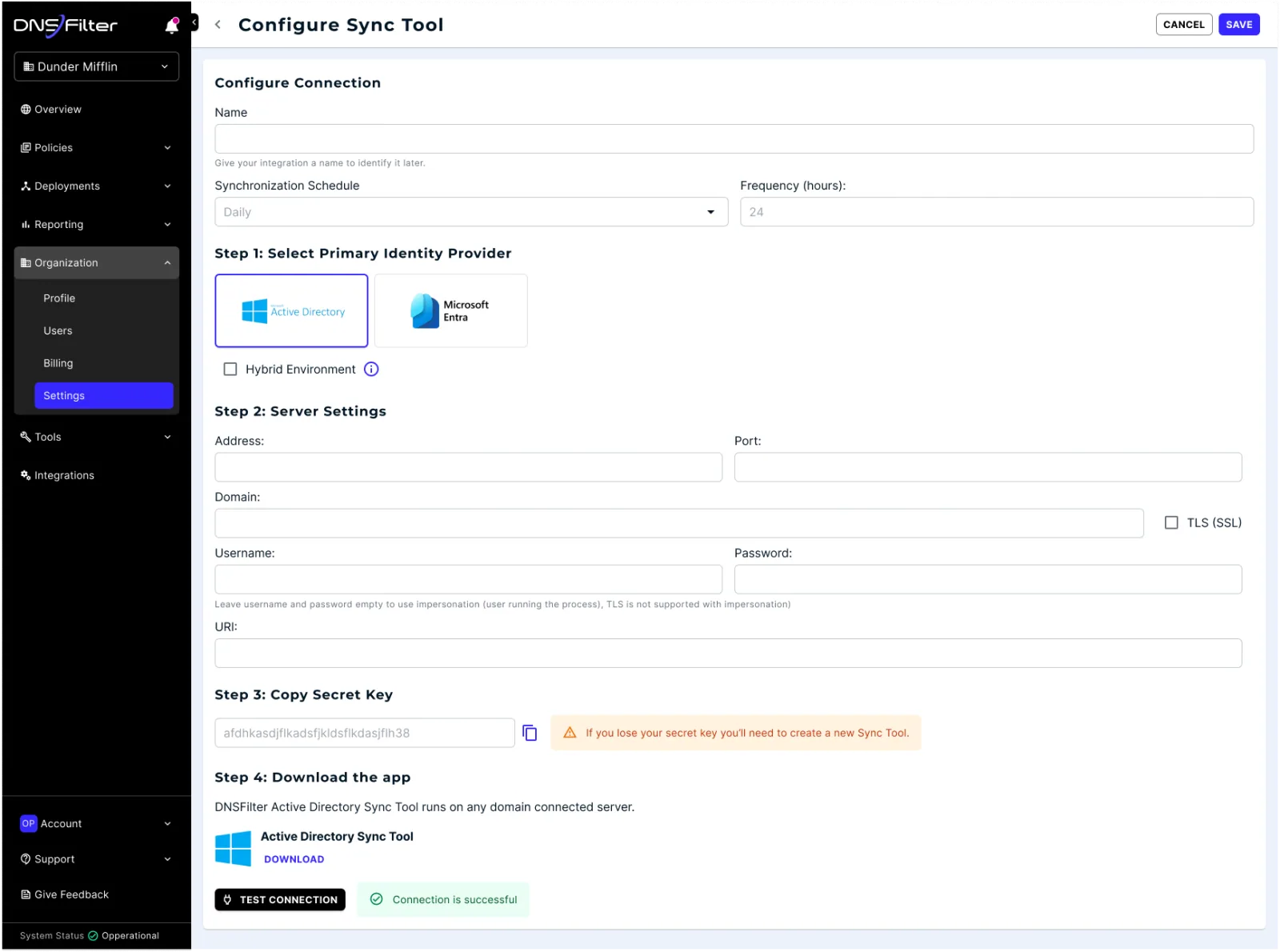 Configure sync tool: choose an identity provider, server settings, secret key, and download