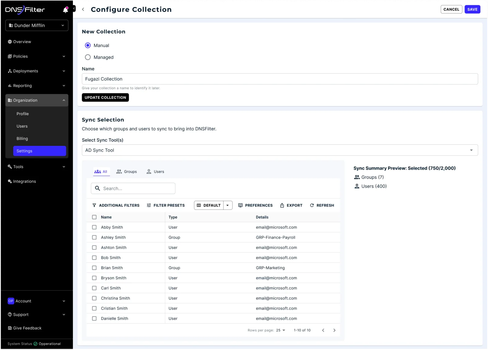 Configure collection: manual or managed, sync selection, and a preview of matched groups and users