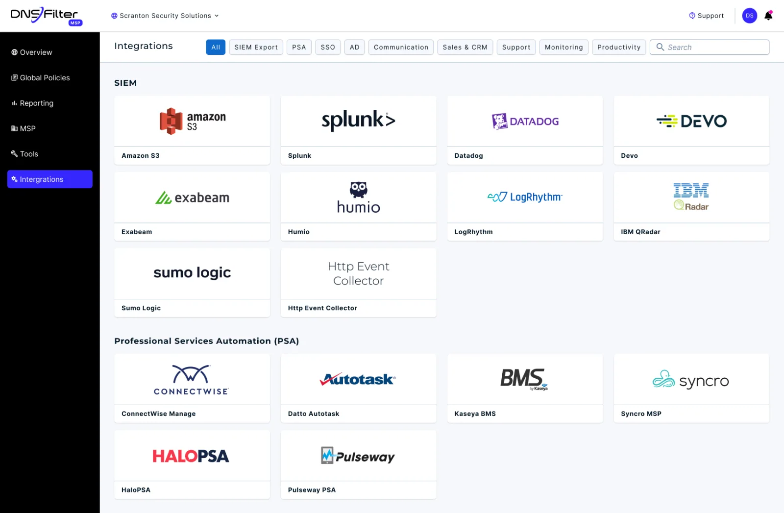Integrations catalog: SIEM and PSA tools as a grid of logos