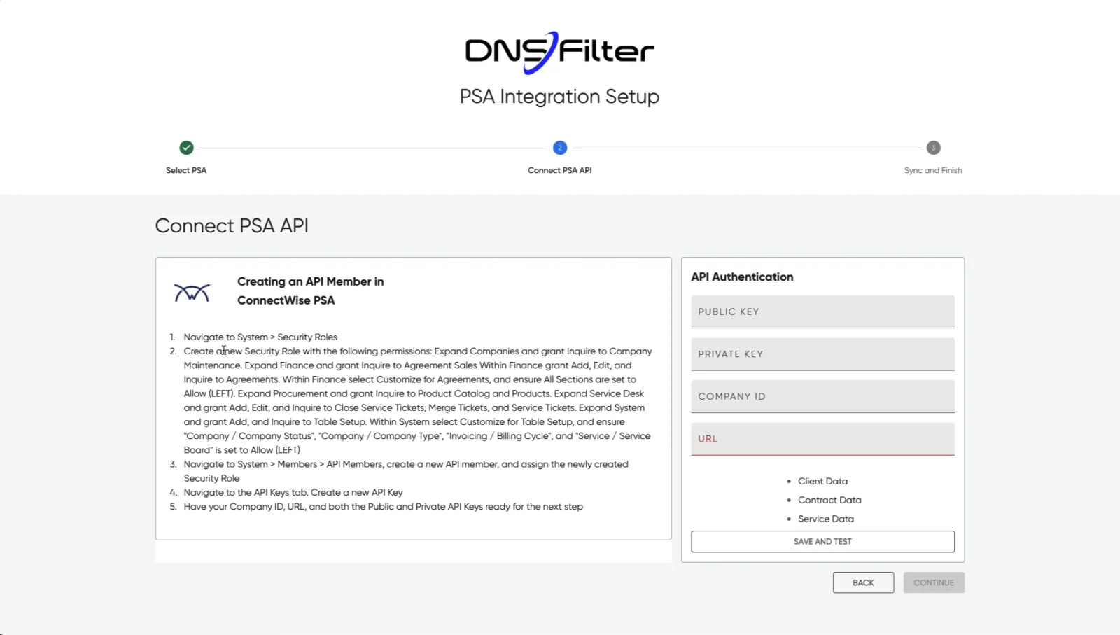 PSA integration setup, step two: connect the PSA API with guided instructions