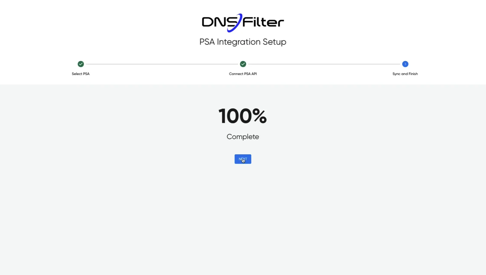 PSA integration setup complete at 100 percent