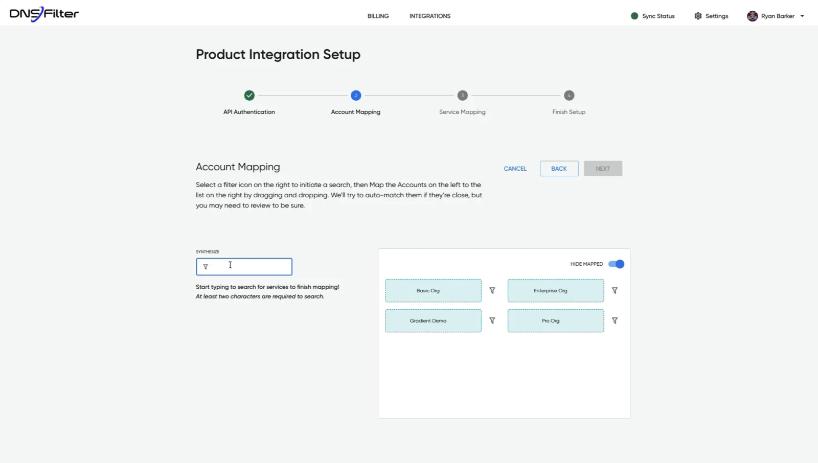 Product integration setup: account mapping with drag and drop