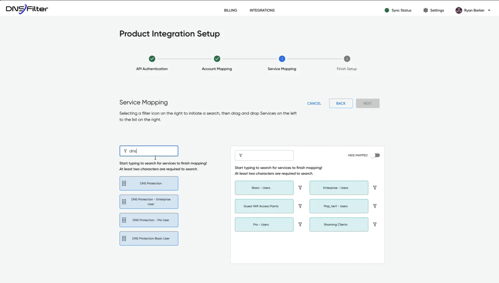 Product integration setup: service mapping