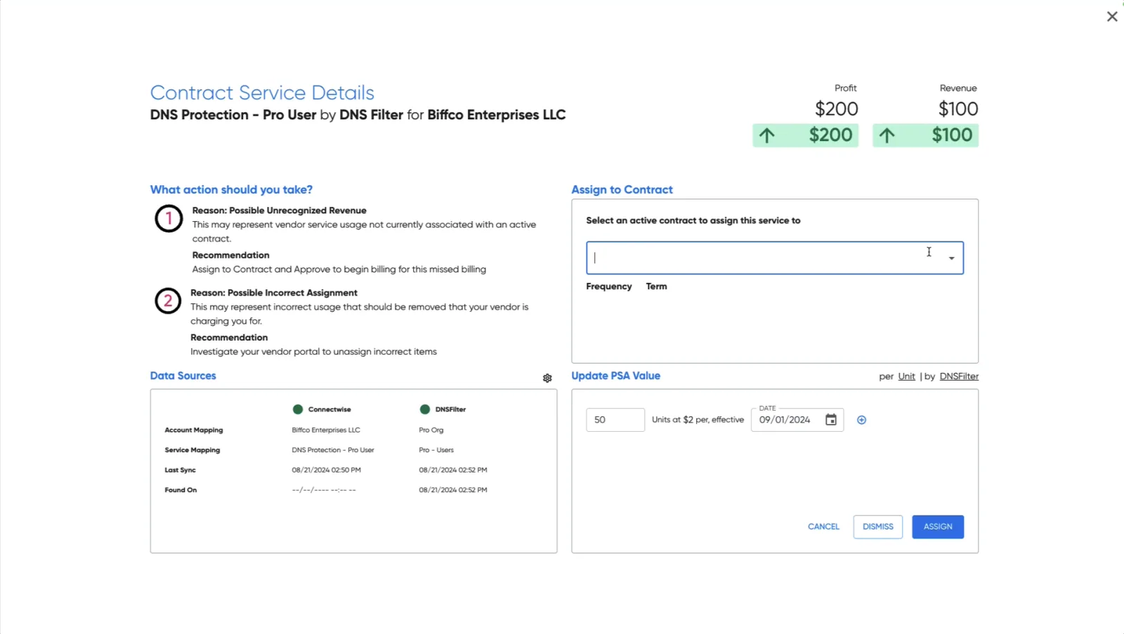 Contract service details with recommended actions and contract assignment