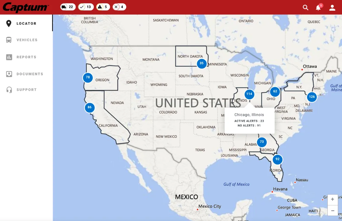 Fleet locator: a map of the United States with vehicle clusters and alerts