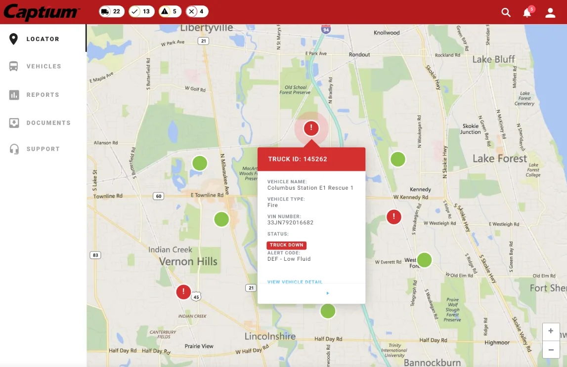 Vehicle detail popover on the local map with truck ID, status, and alert