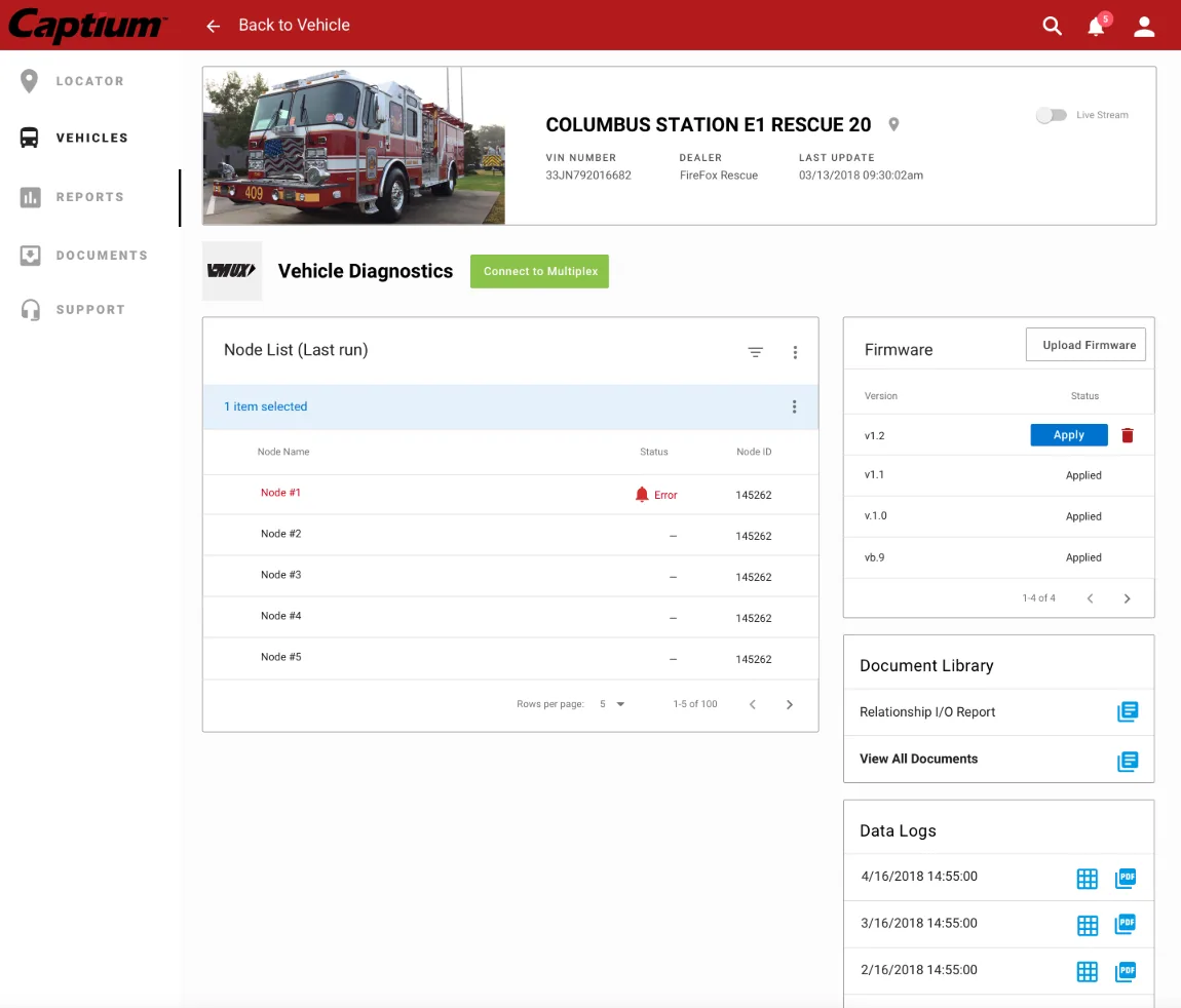 Vehicle diagnostics: node list, firmware, document library, and data logs