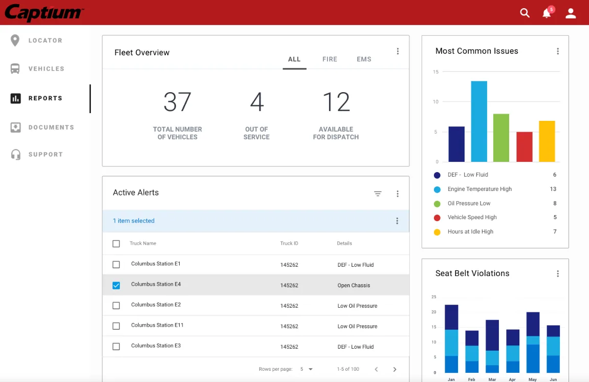 Fleet reports: overview counts, most common issues, active alerts, and seat belt violations