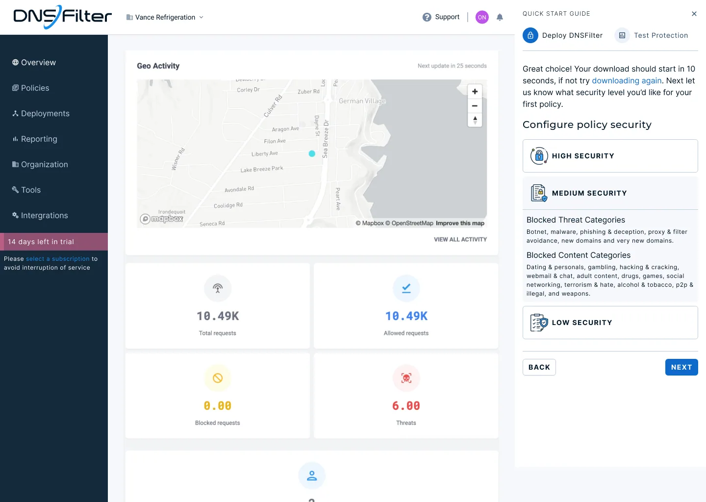 Quick start guide, step two: configure policy security level