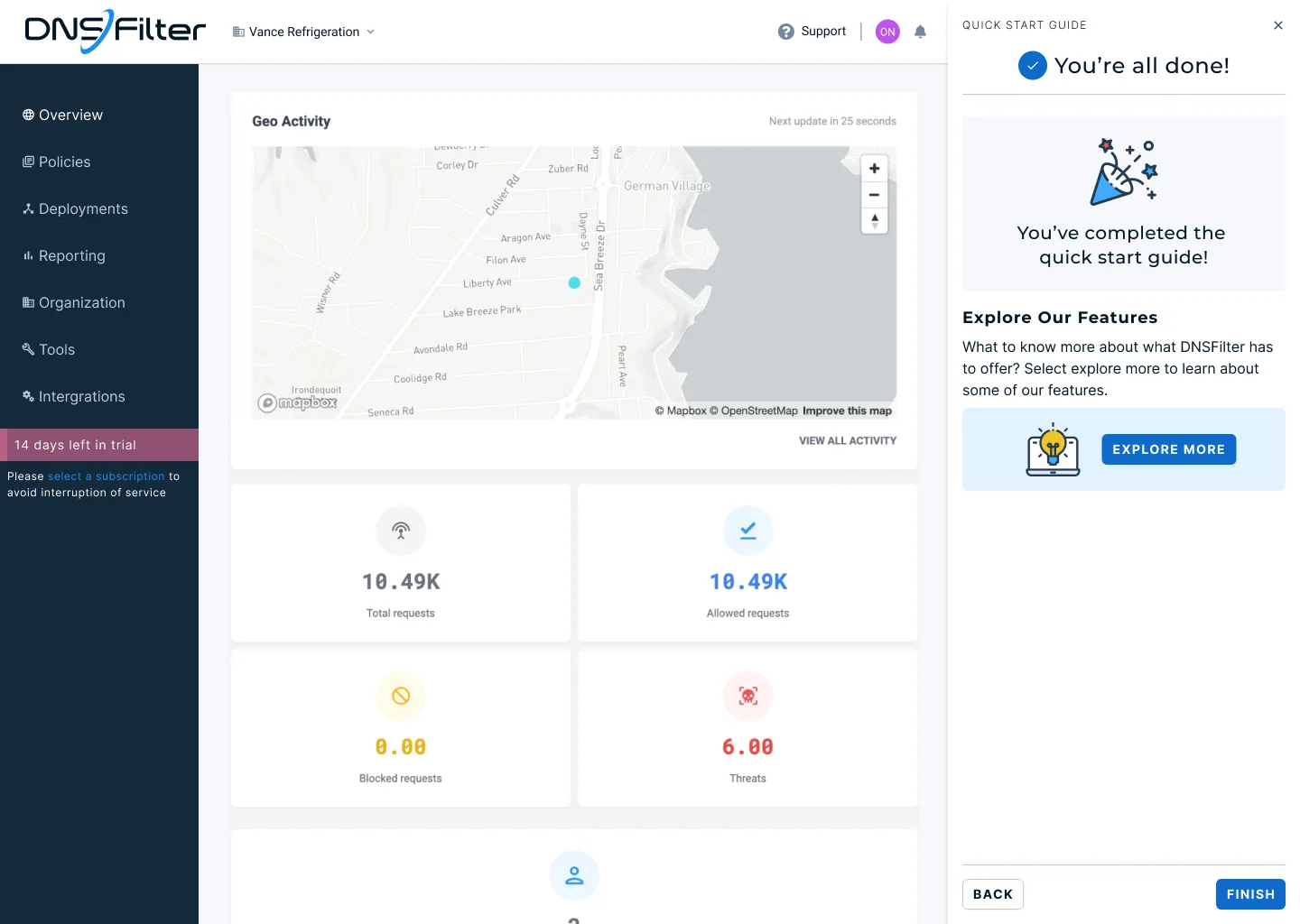 Quick start guide complete, with an explore our features prompt