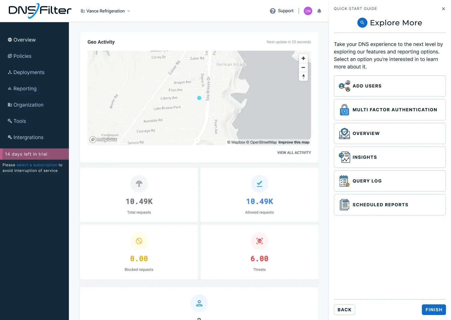 Explore more: add users, multi-factor authentication, overview, insights, query log, scheduled reports