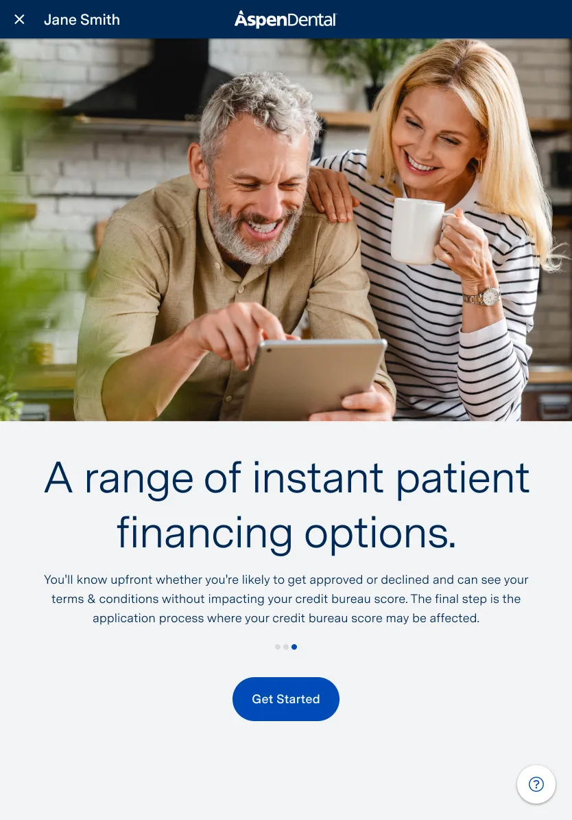 Mobile intro screen: a range of instant patient financing options