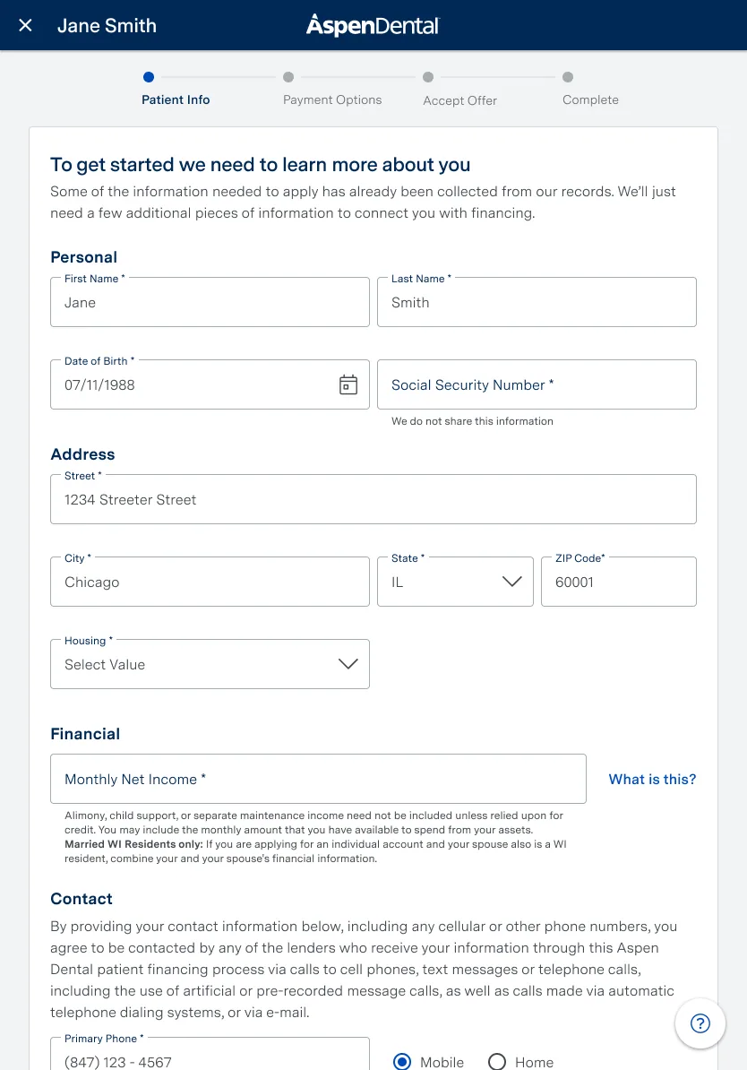 Patient information form: personal, address, financial, and contact details