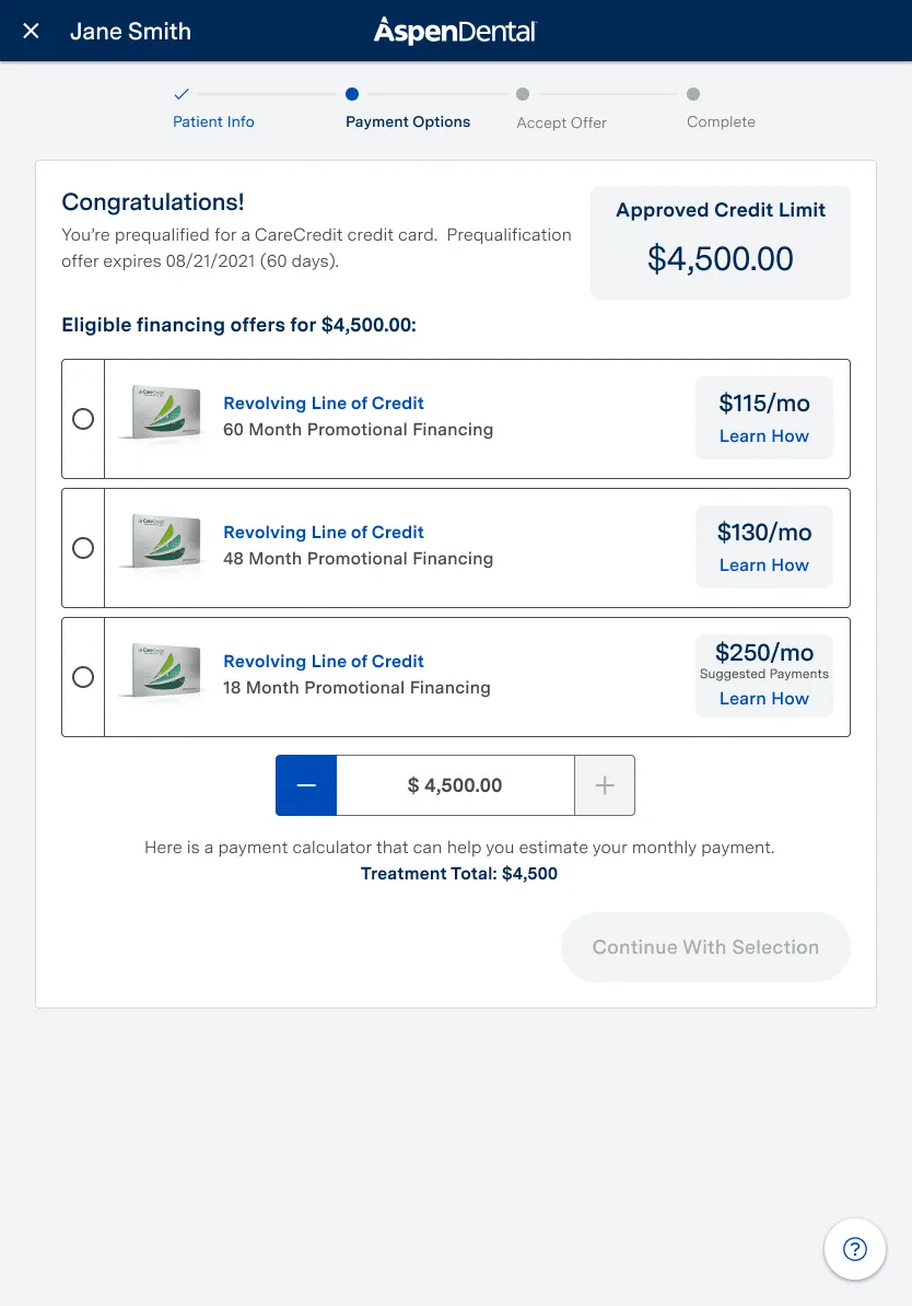 Eligible financing offers with an approved credit limit and monthly payment options