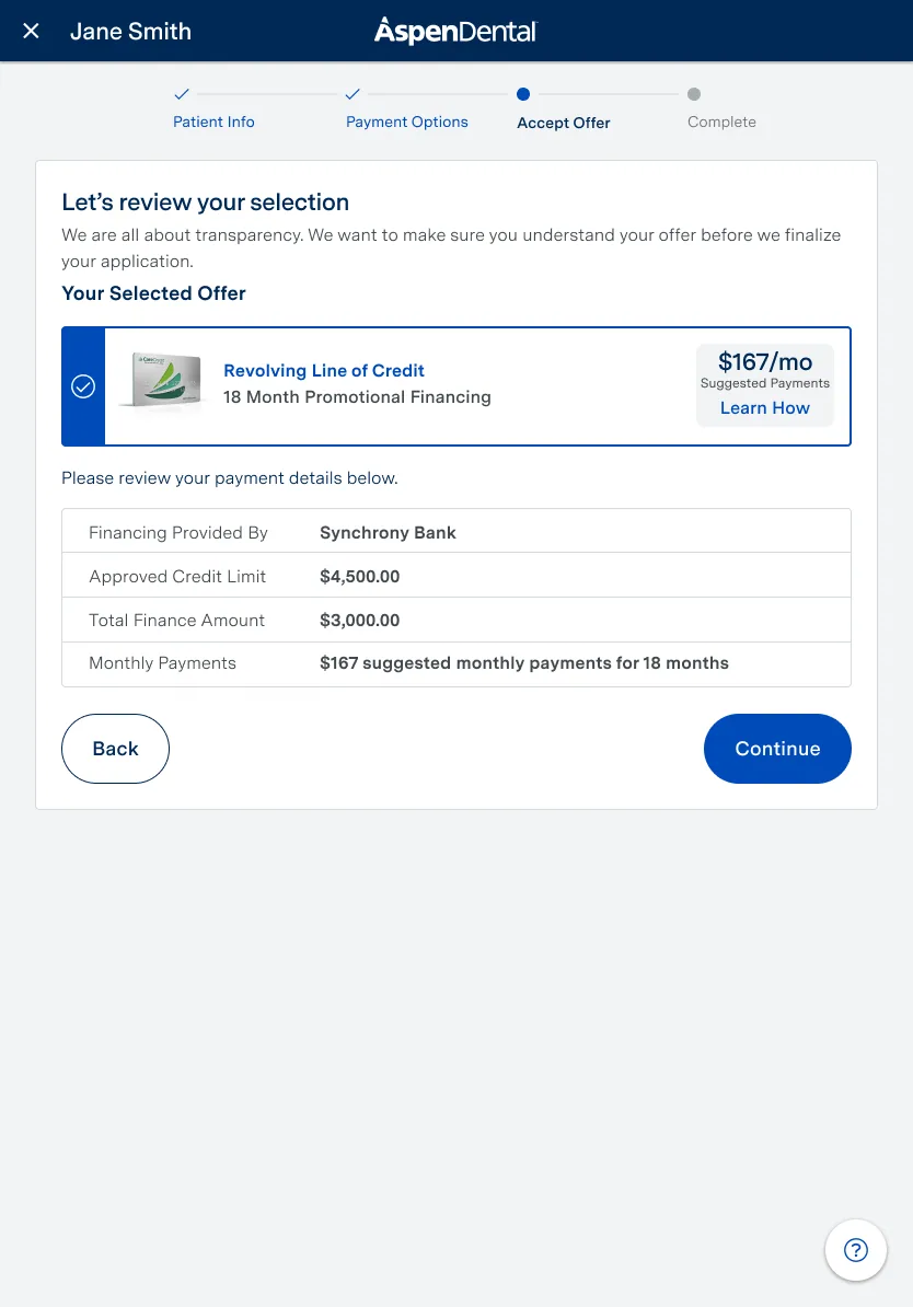 Review the selected offer and its payment details