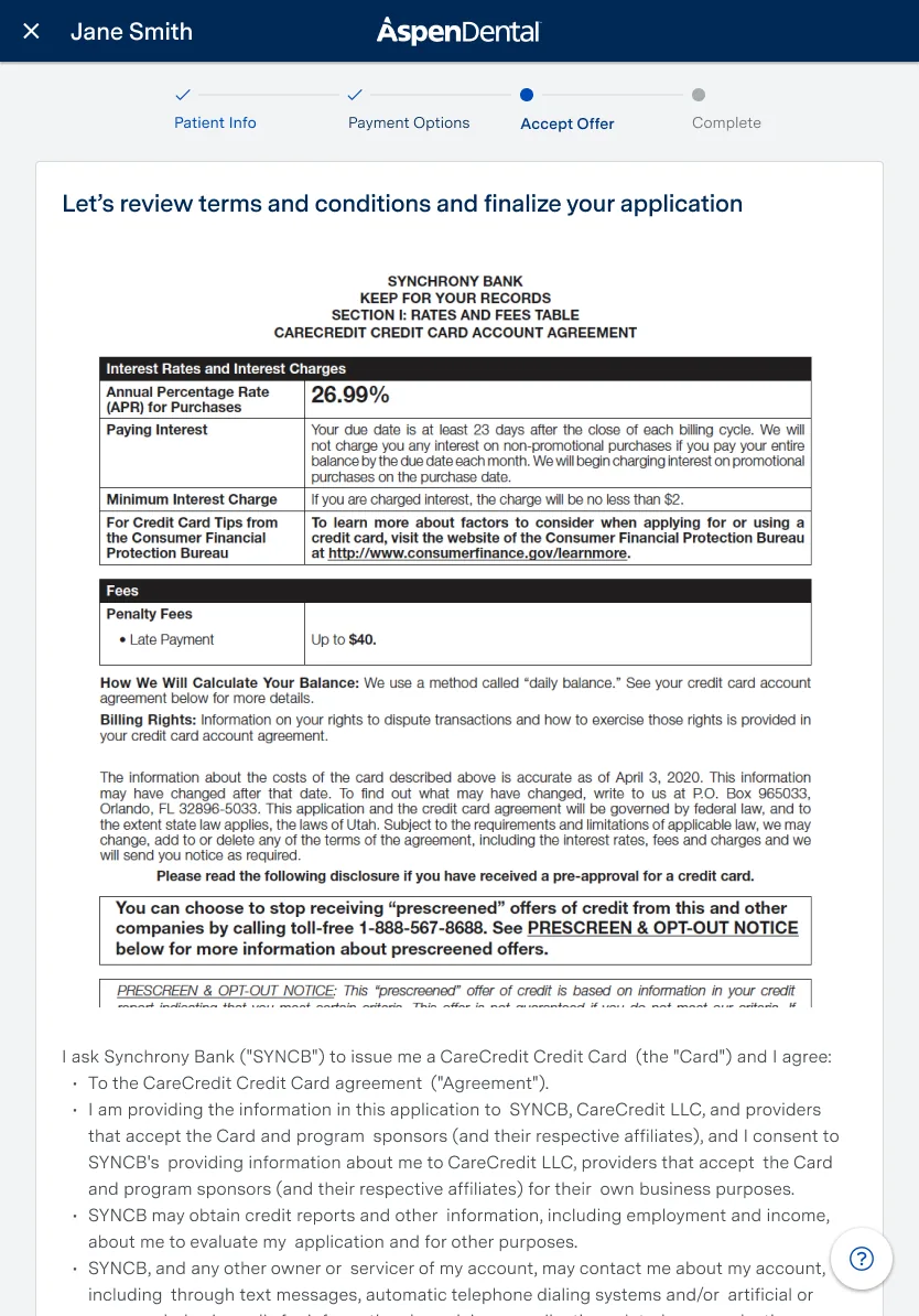 Terms and conditions before finalizing the application
