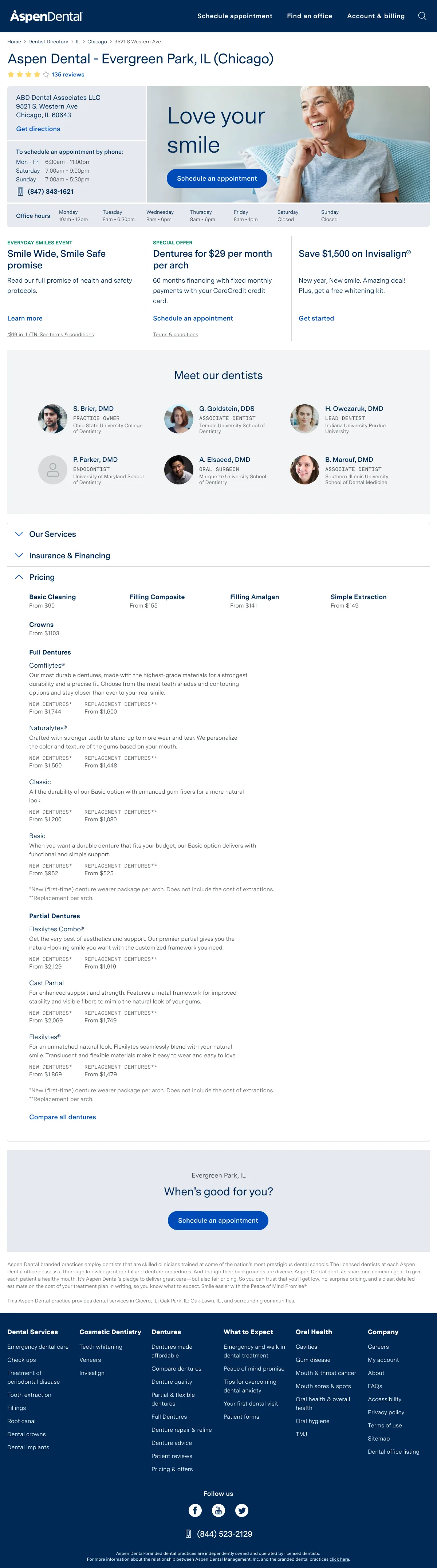 Aspen Dental office landing page: hero, services, team, hours, and scheduling call to action