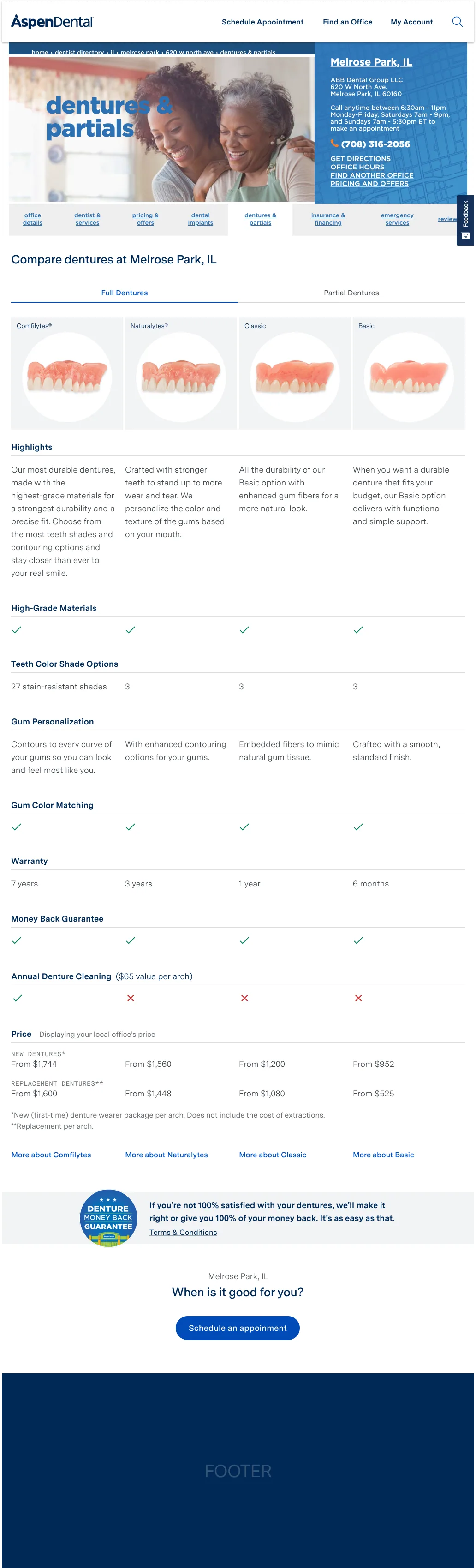 Full dentures product comparison page with tiers and a scheduling call to action